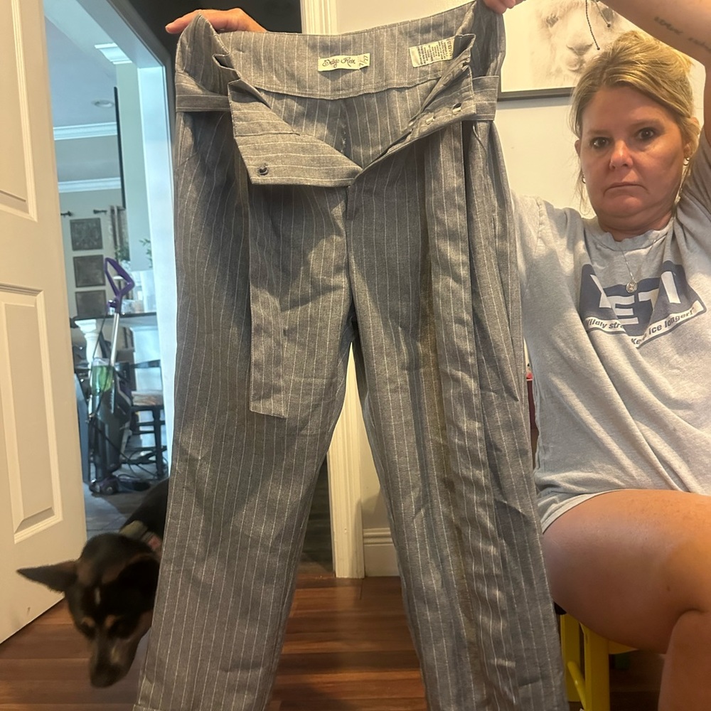 Grey striped dress pants with built in belt.